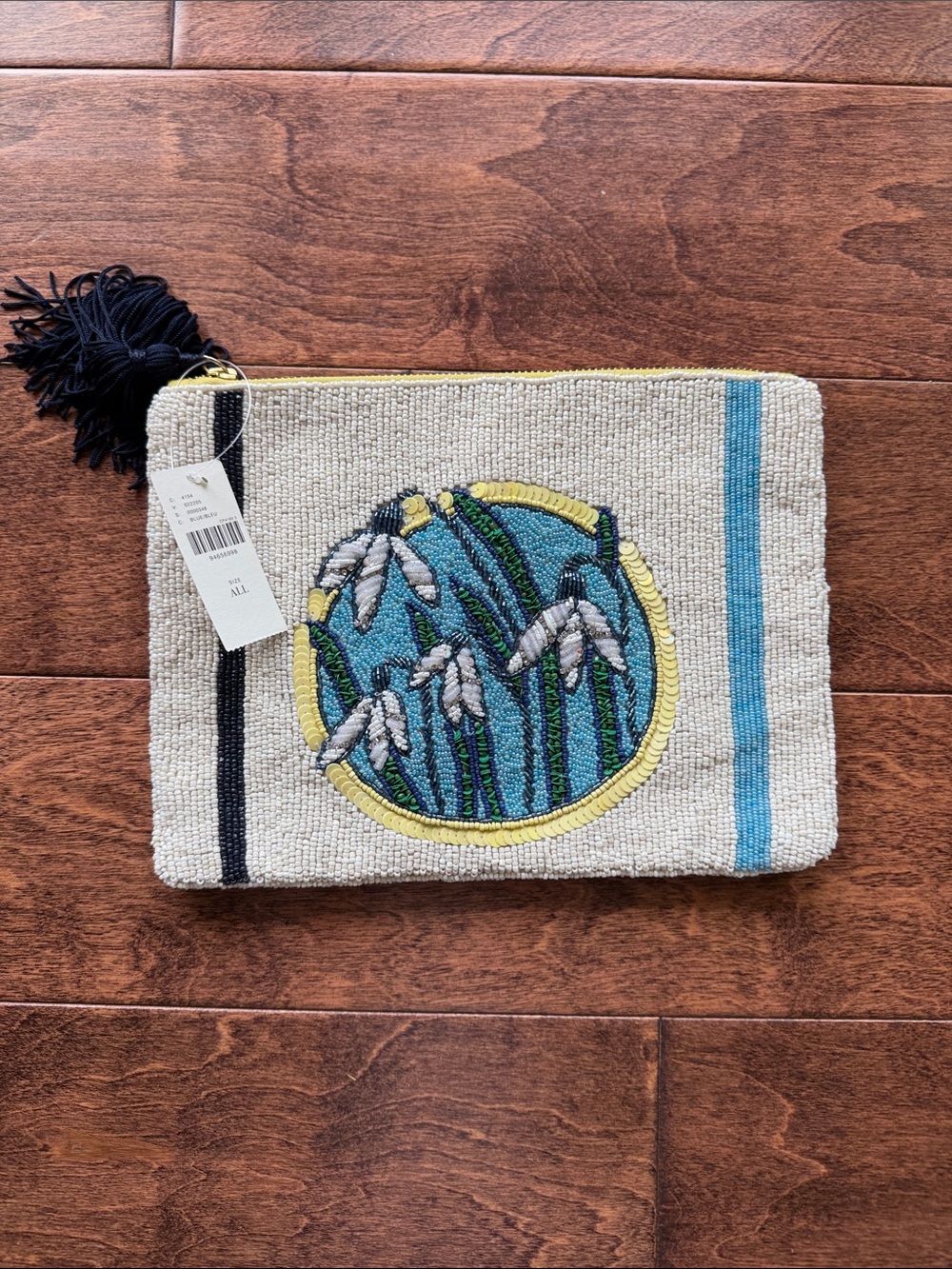 Anthropologie Beaded Floral Accent Pouch in Cream and Blue